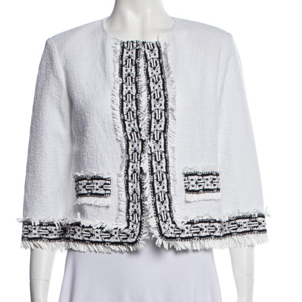 St. John White Tweed Fringe Pattern Jacket